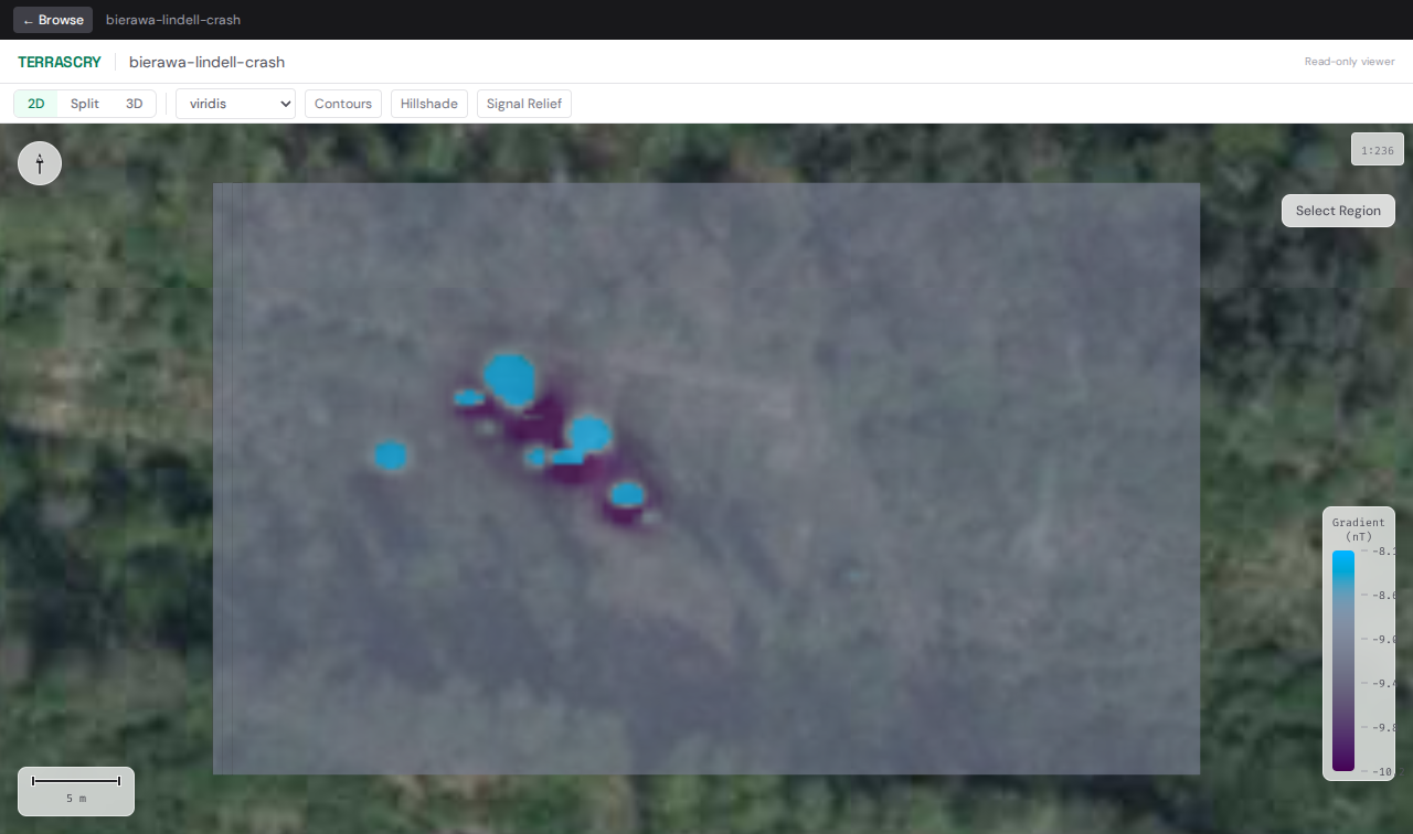 TERRASCRY 2D heatmap showing magnetic anomalies at Bierawa crash site