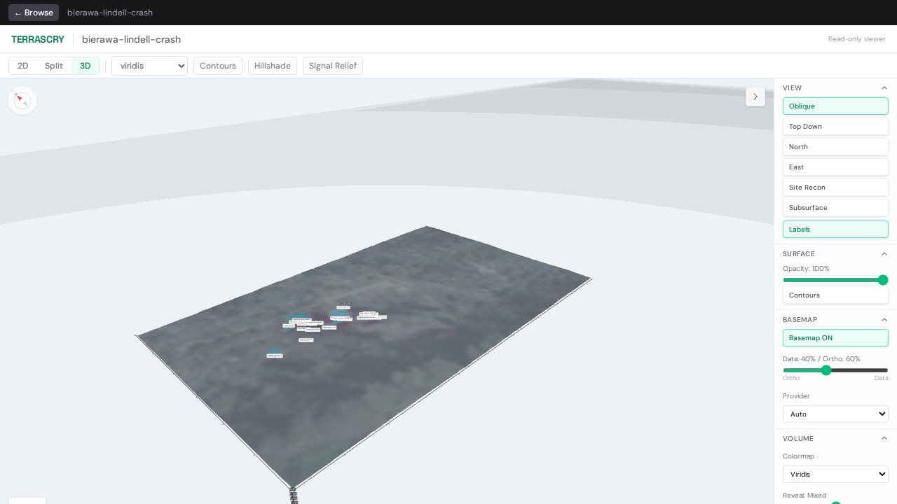3D terrain rendering of Bierawa crash site with magnetic data overlay
