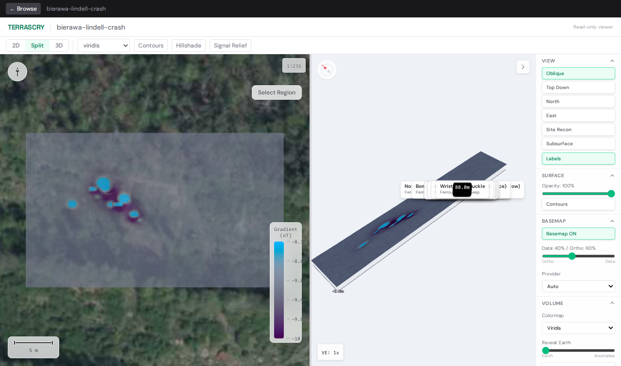 TERRASCRY viewer showing 2D heatmap and 3D terrain of Bierawa dataset